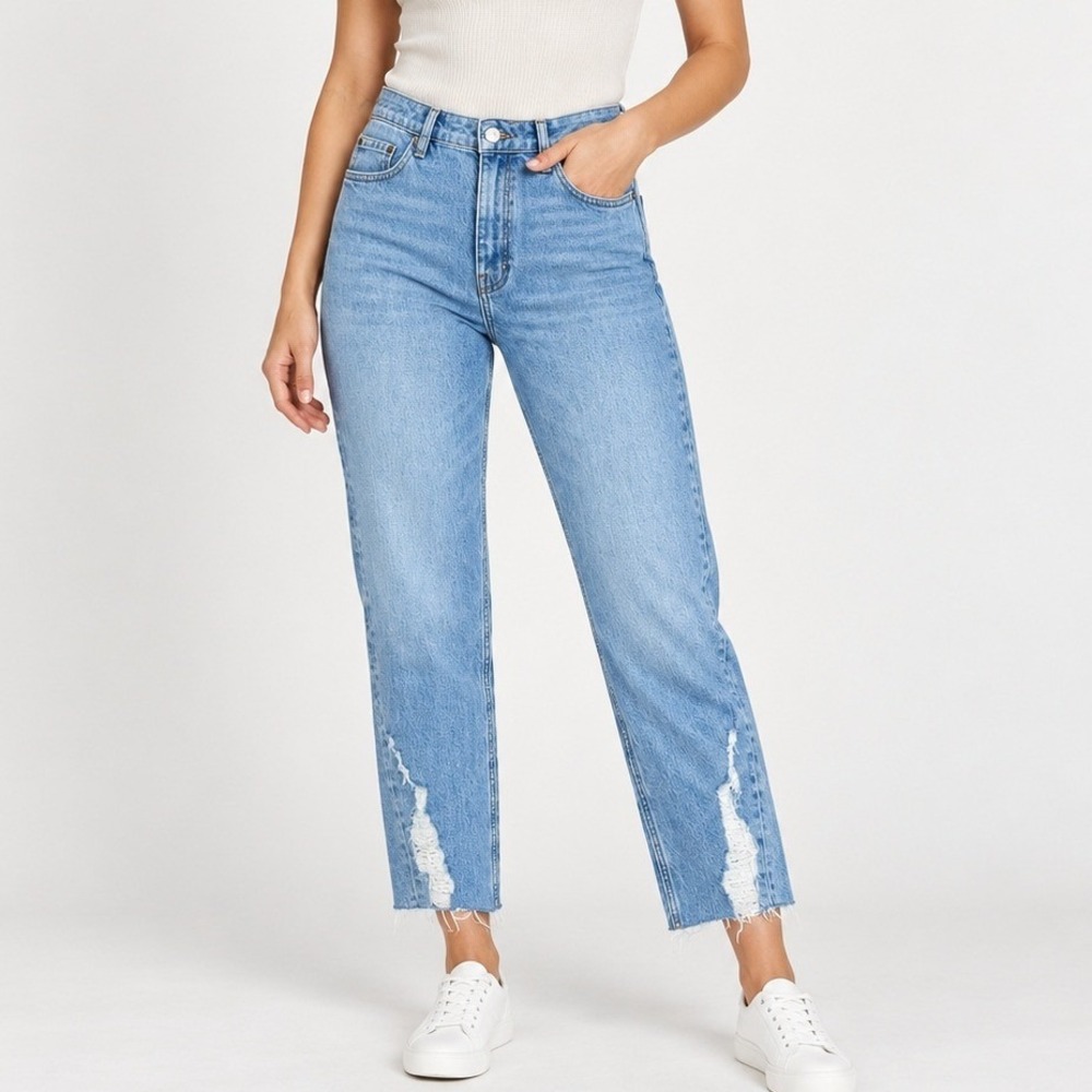 Topshop High Rise Straight Leg Jeans Womens 30 Light Wash Distressed Raw Hem